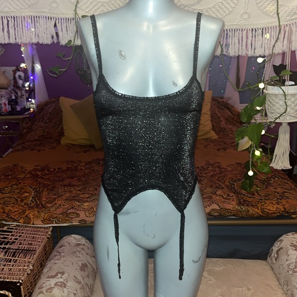 Vintage metallic sparkly shimmer black silver garter strap cami tank top - Picture 2 of 3